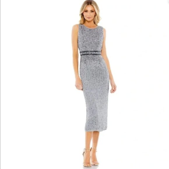 New Mac Duggal Sleeveless High Neck Beaded Cocktail Midi Sheath Dress Size 16